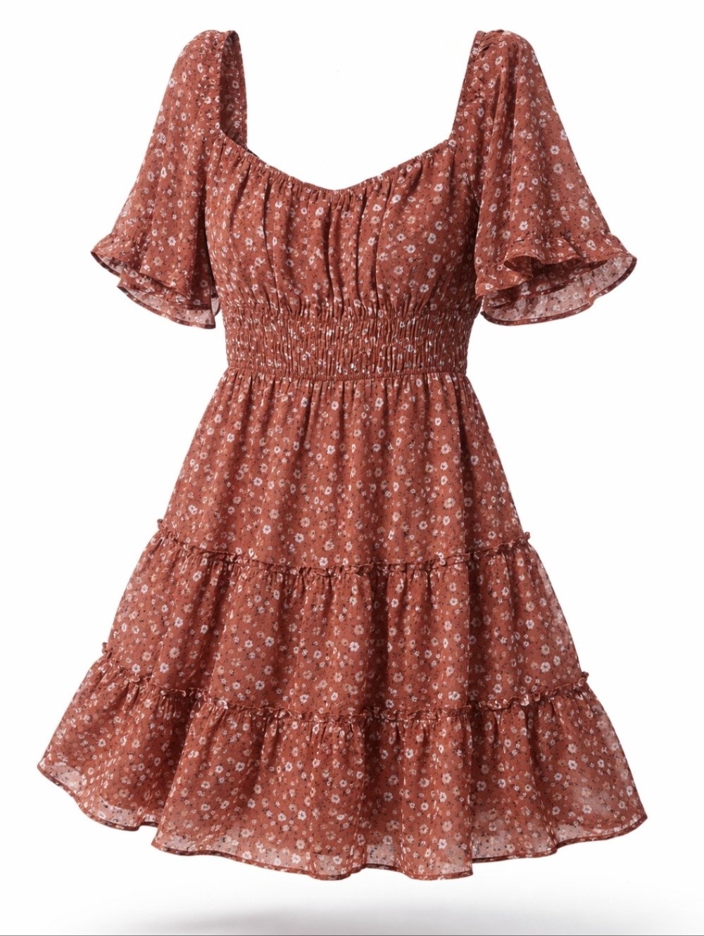 Rust Floral Tiered Smocked Mini Dress